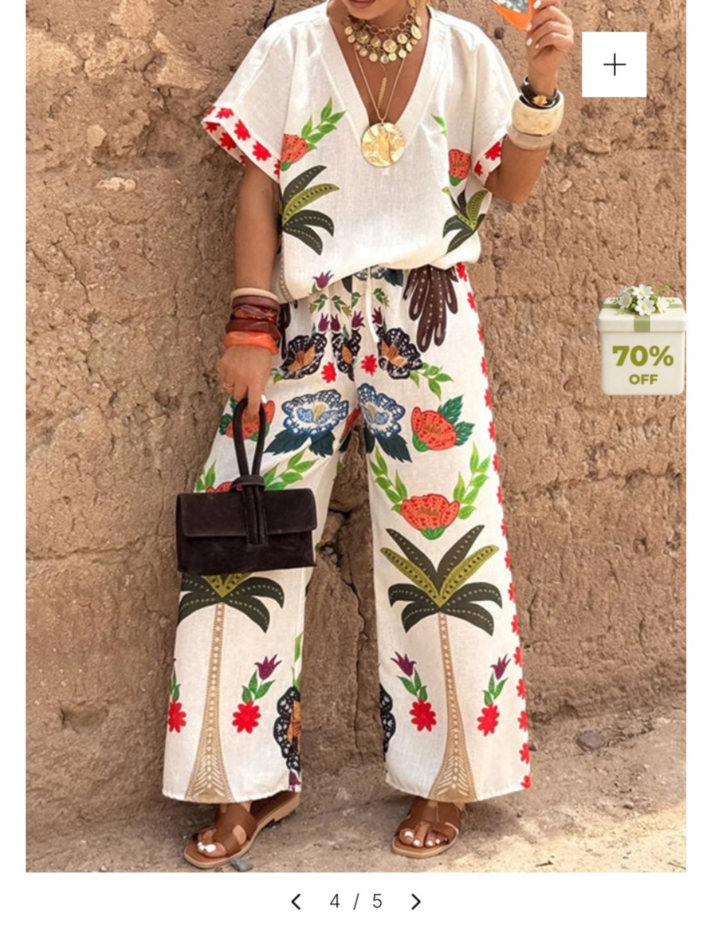 Uoozee White Wide-Leg Floral & Palm Print Pants Size 2XL
